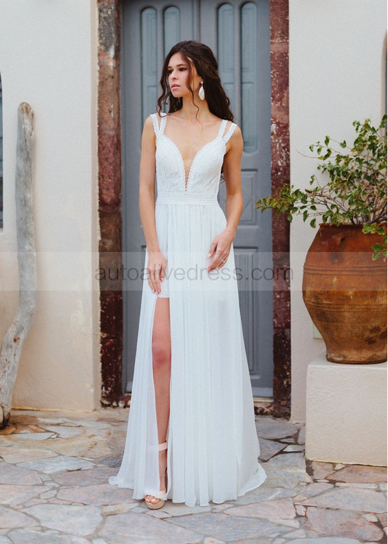 Ivory Lace Chiffon Slit V Back Wedding Dress